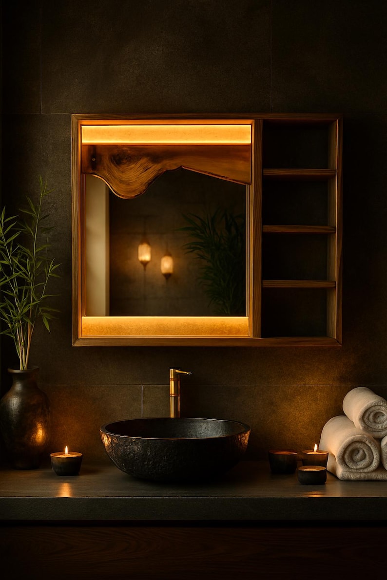 Puede incluir: Un espejo de ba&ntilde;o con marco de madera con iluminaci&oacute;n integrada y una peque&ntilde;a estanter&iacute;a. El espejo est&aacute; sobre un lavabo negro con un grifo dorado. Velas y toallas enrolladas contribuyen al ambiente de spa.