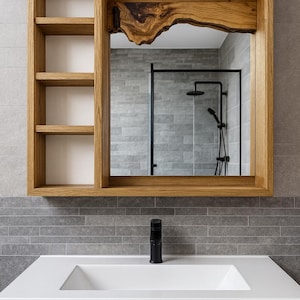 Mueble de baño moderno, botiquín rústico de madera con luz LED, tocador hecho a mano y espejo de baño, mueble de baño. imagen 4