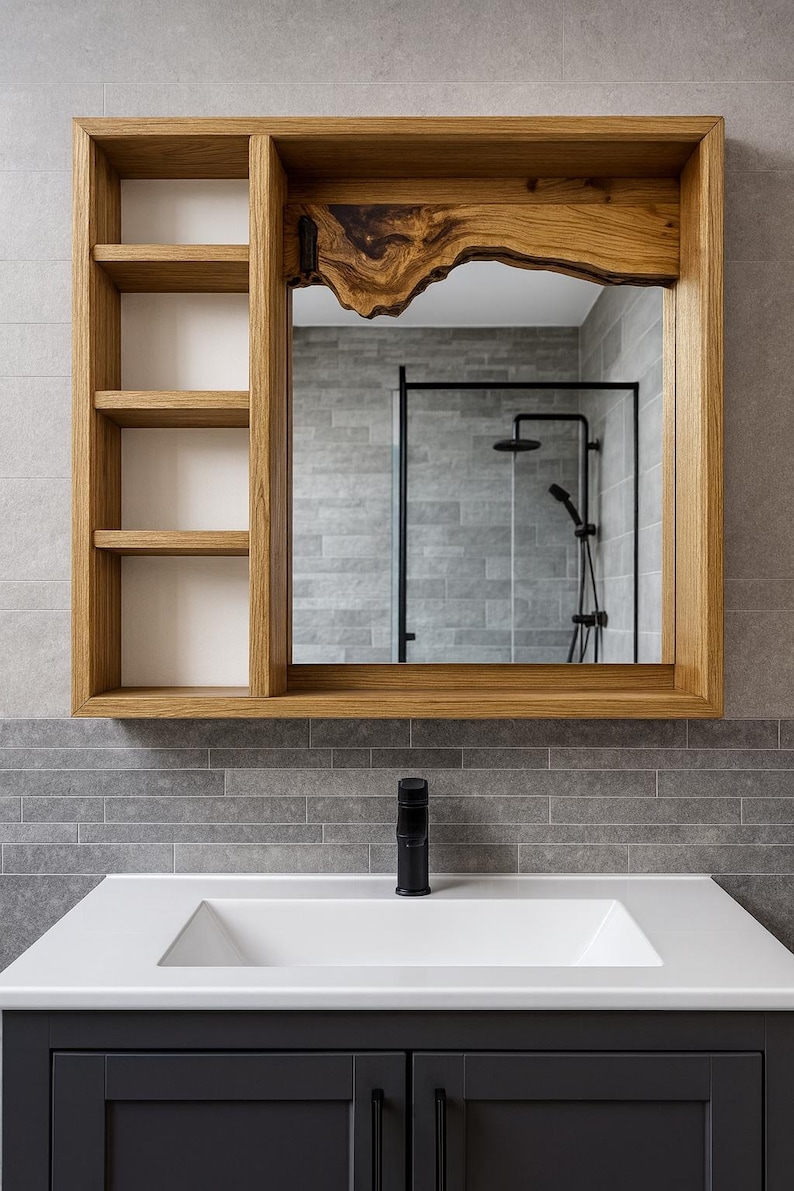 Mueble de baño moderno, botiquín rústico de madera con luz LED, tocador hecho a mano y espejo de baño, mueble de baño. imagen 4