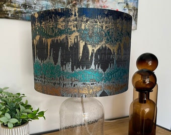 HANDMADE BESPOKE LAMPSHADE bronze abstract inca aztec gold indigo teal blue lamp shade drum lampshades