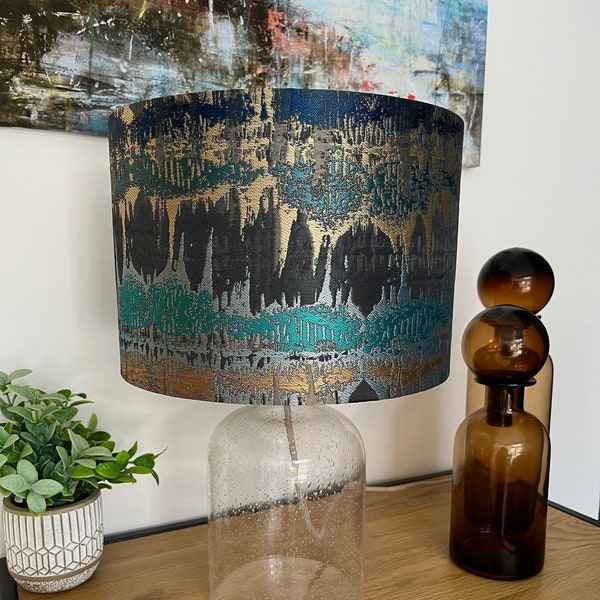 HANDMADE BESPOKE LAMPSHADE bronze abstract inca aztec gold indigo teal blue lamp shade drum lampshades