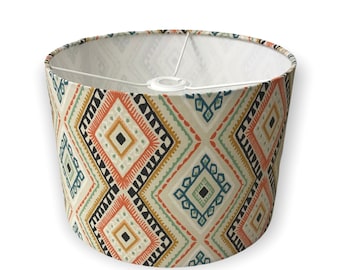HANDMADE BESPOKE LAMPSHADE orange Scandi aztec tile drum shade blue