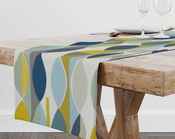 TABLE RUNNER bespoke made retro blue yellow green geometric design Mabel tutti fruity