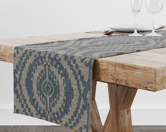 TABLE RUNNER bespoke made aztec zigzag Inca denim blue linen  design