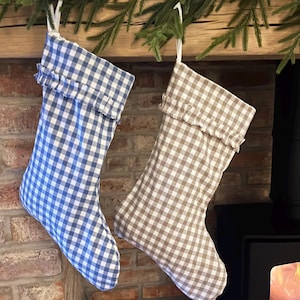 Christmas stocking-blue beige neutral  gingham check plaid contemporary colours on trend interiors nostalgic
