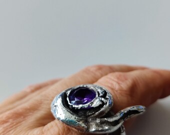 Unique, solid ring, recycled silver 99.99%, US 8. Violet zirconia, round. Flower Ring, Mother's Day Ring, Gift for her