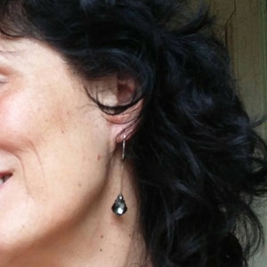 May include: A woman with long black hair wearing a pair of silver dangle earrings with a dark gray teardrop-shaped crystal.