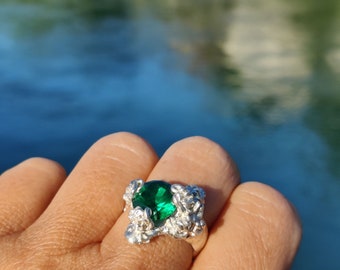 bi13, Emerald Green, eternally beautiful pure silver ring with purple zircon, a new kind of bridal bouquet, US 7.5