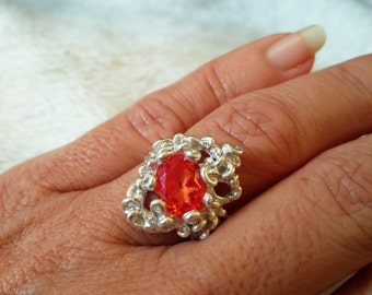 bi25, mystical and delicate engagement ring, eco friendly recycled silver 999, corundum orange