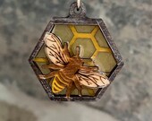 Honeybee Necklace - Stained Glass Effect Bee and Honeycomb Pendant - Unique Birthday Gift for Her