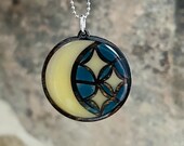 Moon and Stars Necklace - Mystical Crescent Moon Stained Glass Look - Wood and Resin Pendant - Perfect Gift for Her