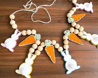 Easter Bunny Garland - Wooden Rabbit and Carrot Ostara Banner- Spring Holiday Mantle Decor