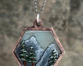 Mountains and Trees Hexagon Pendant Necklace - Rustic Wood & Resin with Gunmetal Gray Chain, Nature-Inspired Jewelry Gift