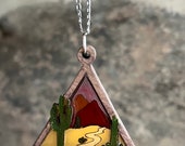 Geometric Desert Cactus Landscape Wood & Resin Pendant Necklace with Silver Chain Nature Inspired Gift for Her