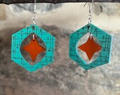 Hexagon Earrings, Mid Century Modern Hexagon & Star Engraved Earrings