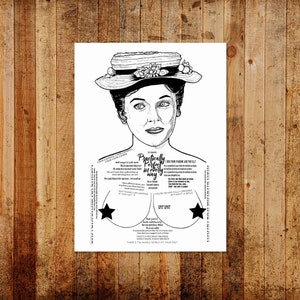 Puede incluir: Una ilustración en blanco y negro de una mujer con un sombrero y el texto "Practically Perfect in Every Way" y "Does Your Pardon Are You All?" La ilustración es una parodia de la película "Mary Poppins".