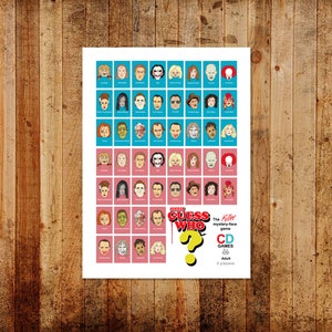 May include: A printable game board featuring a grid of horror movie characters. The game is called "Horror! Guess Who? The Killer Mystery-Face Game".