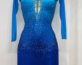 Fringe Latin Dance Dress: Turquoise to Royal Blue, Rhinestones, US 2-4