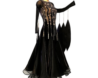 Black Velvet Latin Dance Dress: Rhinestone Ballroom Gown, US Size 6