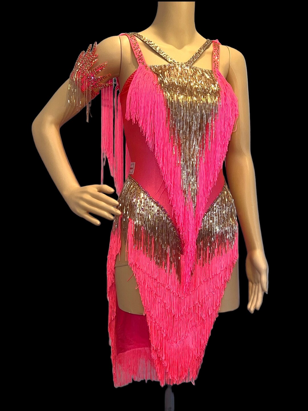 Pink & Gold Latin Dance Dress: Fringed Competition Show Costume