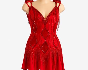 Vestido de baile latino rojo hecho a mano / Traje de salón con flecos de diamantes de imitación