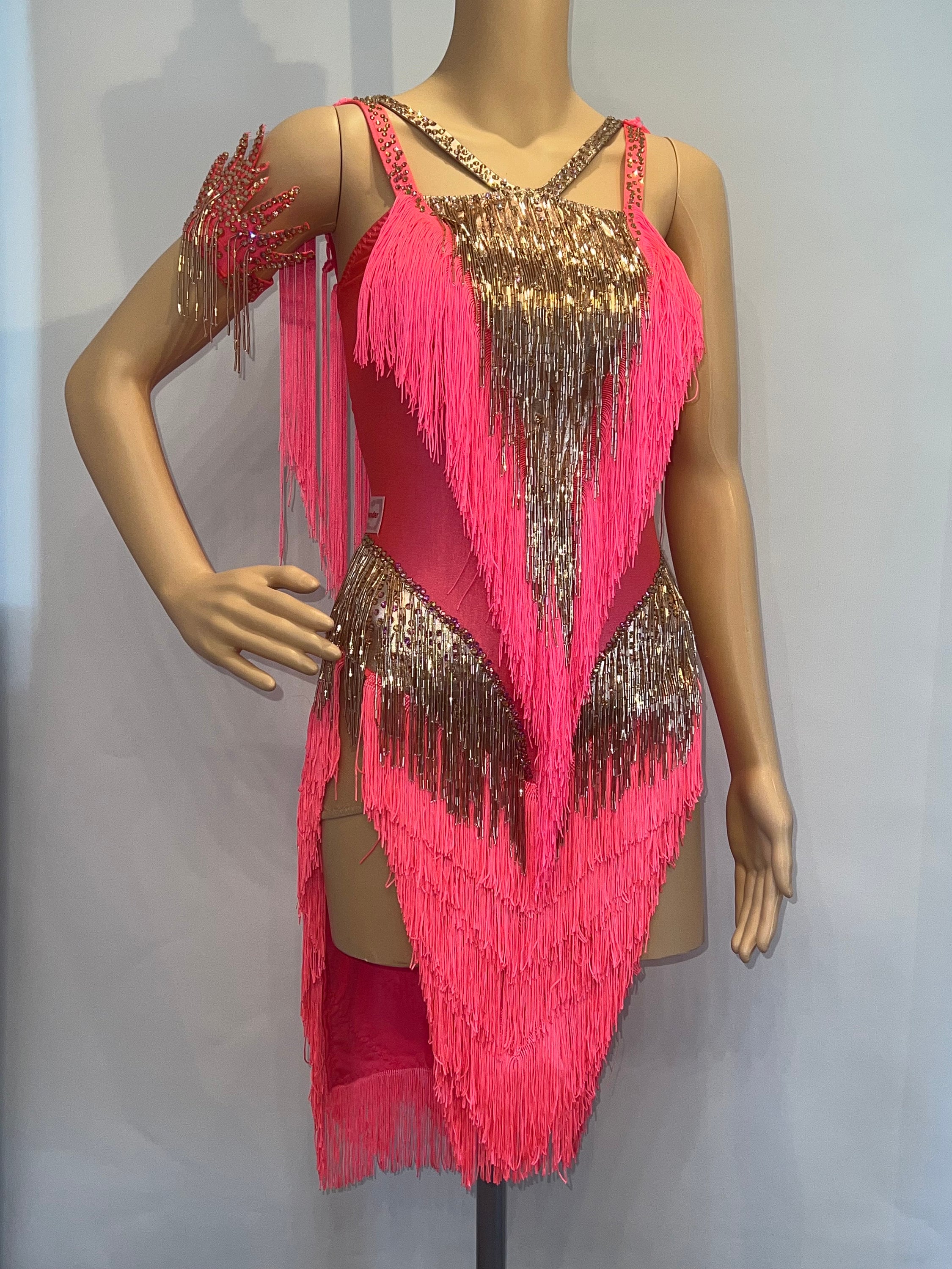 Pink & Gold Latin Dance Dress: Fringed Competition Show Costume