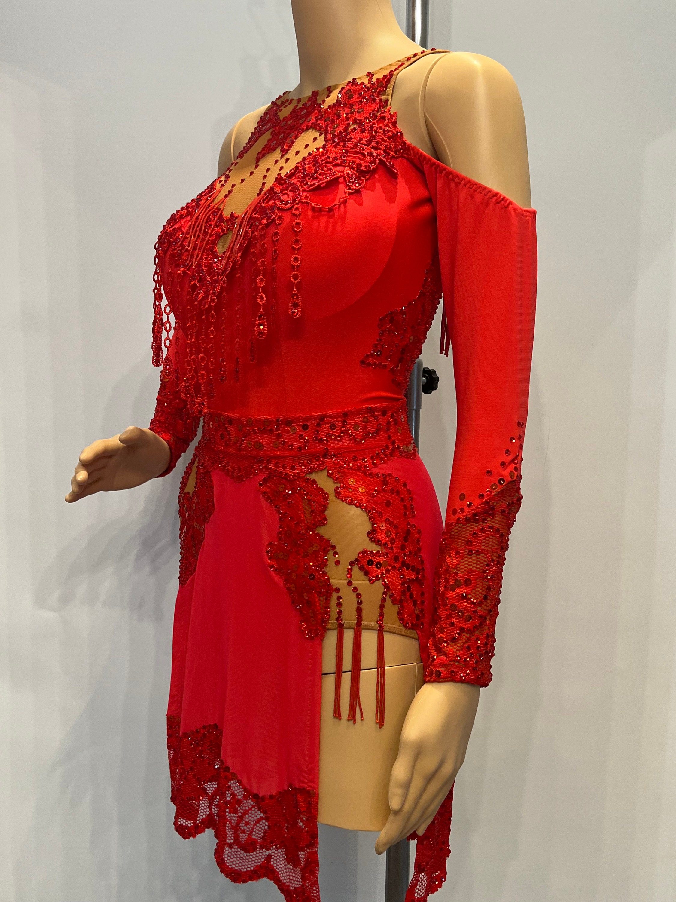 open lace back dress Women Latin Dance Dresses Ruffles Red Royal Blue Flowers Salsa Rumba C –  Moderndancedress.com main image 0