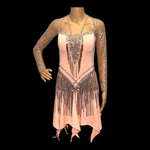 women's light pink latin dress Light pink tassle Latin dress Dance Life NYC