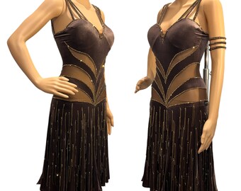 Chocolate/brown Latin Competition Rhythm Dance Dress With Gold Rhinestones  - Etsy