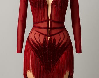 Vestido de baile latino con flecos rojos, hecho a mano, talla 6-10