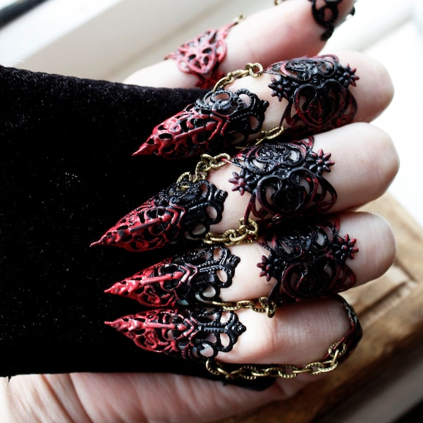 Ebony Armour - Full hand set Midi Claw Rings Red and Black - Halloween Costume - Nail Rings - Goth Jewellery - Cosplay Armour - BDSM Claws