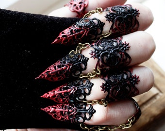 Ebony Armour - Full hand set Midi Claw Rings Red and Black - Halloween Costume - Nail Rings - Goth Jewellery - Cosplay Armour - BDSM Claws