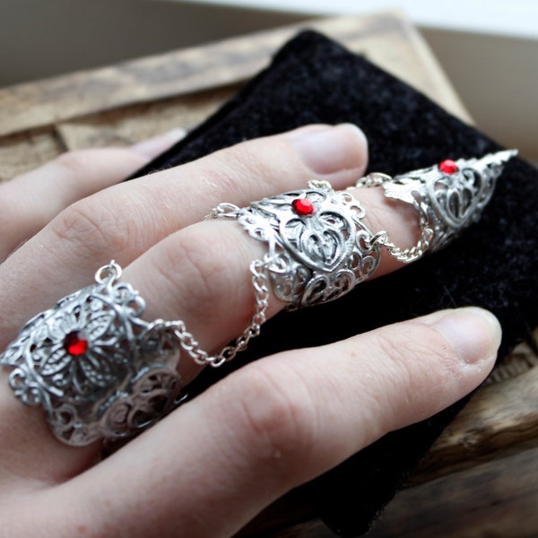 Mythical Armour Ring - Full Finger Claw Ring - Silver Adjustable - Elven Armor - Vampire Jewellery - Halloween Costume - Cosplay Jewelry