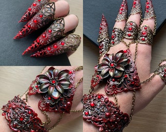 Red Vampire Claw Rings - Full Hand Armour - Halloween Costume - Nails - Cosplay Jewellery