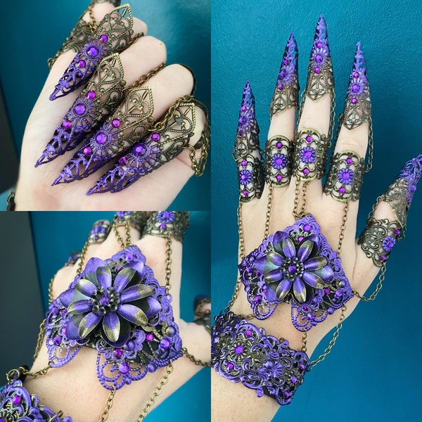 Purple Witch Claw Rings - Full Hand Armour - Halloween Costume - Nails - Cosplay Jewellery