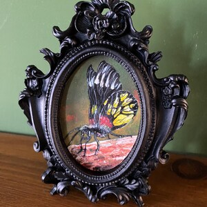 May include: A black and yellow butterfly with red accents is painted on a canvas in an oval-shaped frame. The frame is black and ornate with floral details.