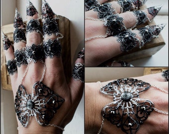 Finger Claws - Full Hand Dark Wraith - Black and Silver - Adjustable Armour Rings - Cosplay Armor - Nail Jewellery