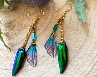 Alternative Unisex Earrings - Beetle Wing Fairy Jewellery - Gold Dangle Piercing