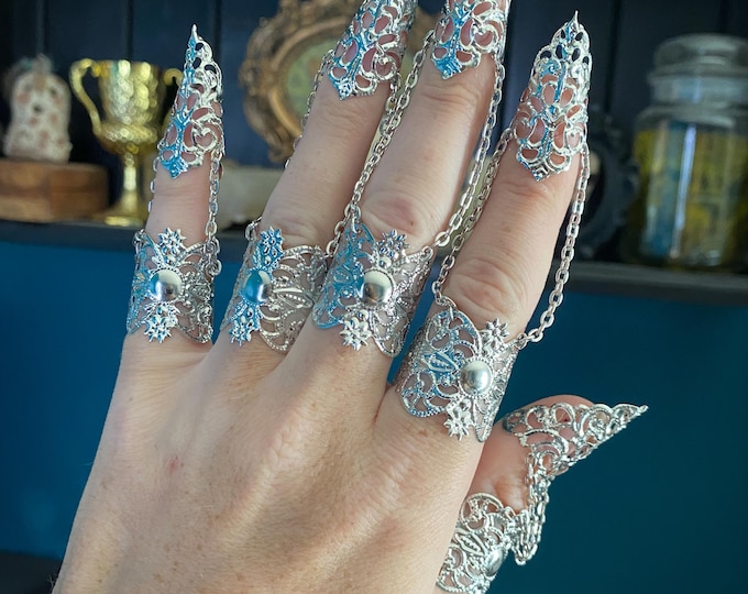 Shiny Silver Armour - Full hand set Claw Rings in Silver - Adjustable - Cosplay and Costume wear