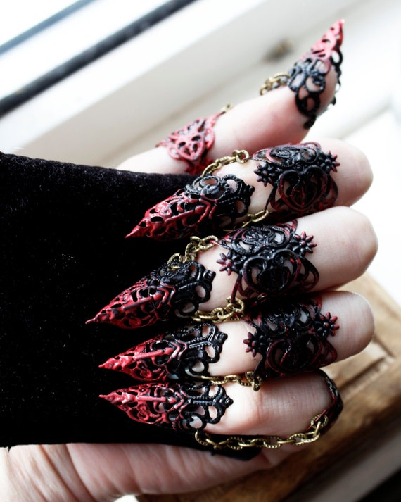 Ebony Armour Full Hand Set Midi Claw Rings Red and Black Halloween Costume  Nail Rings Goth Jewellery Cosplay Armour BDSM Claws 