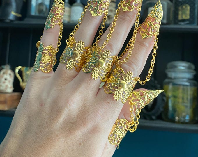 Shiny gold Armour - Full hand set Claw Rings in Silver - Adjustable - Cosplay and Costume wear