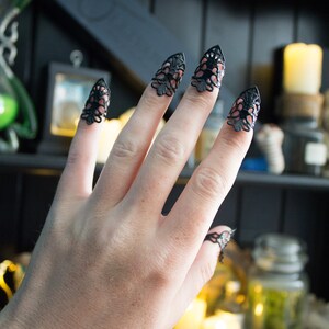 May include: A hand wearing black lace fingertip rings. The rings are in the shape of a pointed claw. The hand is in front of a shelf with candles and jars.