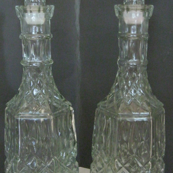 Vintage Diamond Pressed Glass Whiskey / Bourbon Decanter Bottle w/ Stoppers Pair