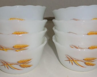 Vintage Fire King Golden Wheat Custard Cups Ramekins Anchor Hocking Milk glass Set 8