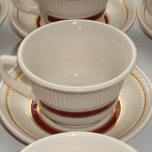 Shenango China Restaurant Ware Cups & Saucers 7 Sets Ribbed Maroon Gold Bands