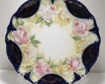 Antique Hand Painted Roses Plate - Cobalt Blue Roses Clovers - P T Germany