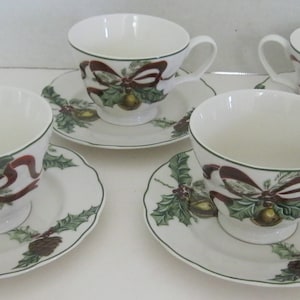 Vintage Holly Bells by Noble Excellence Cups and Saucers - 4 Sets