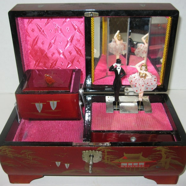 Vintage Lacquered Japanese Jewelry Box Musical Dancing Couple Org KEY & WORKS