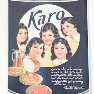 Vintage 1938 KARO SYRUP Embossed Tin Tacker Sign Dionne Quintuplets