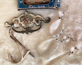 Vintage Junk Drawer mix, Drawer pull, Hook, Tear drop Crystal Chandelier, Glass Puch Pins.